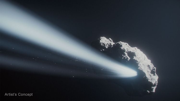 Artist’s illustration of comet 41P, measured at about 1 kilometer (0.6 miles) in diameter, depicted approaching the Sun, resulting in outgassing from the evaporating ice. (Illustration Credit: NASA, ESA, CSA, Ralf Crawford (STScI)