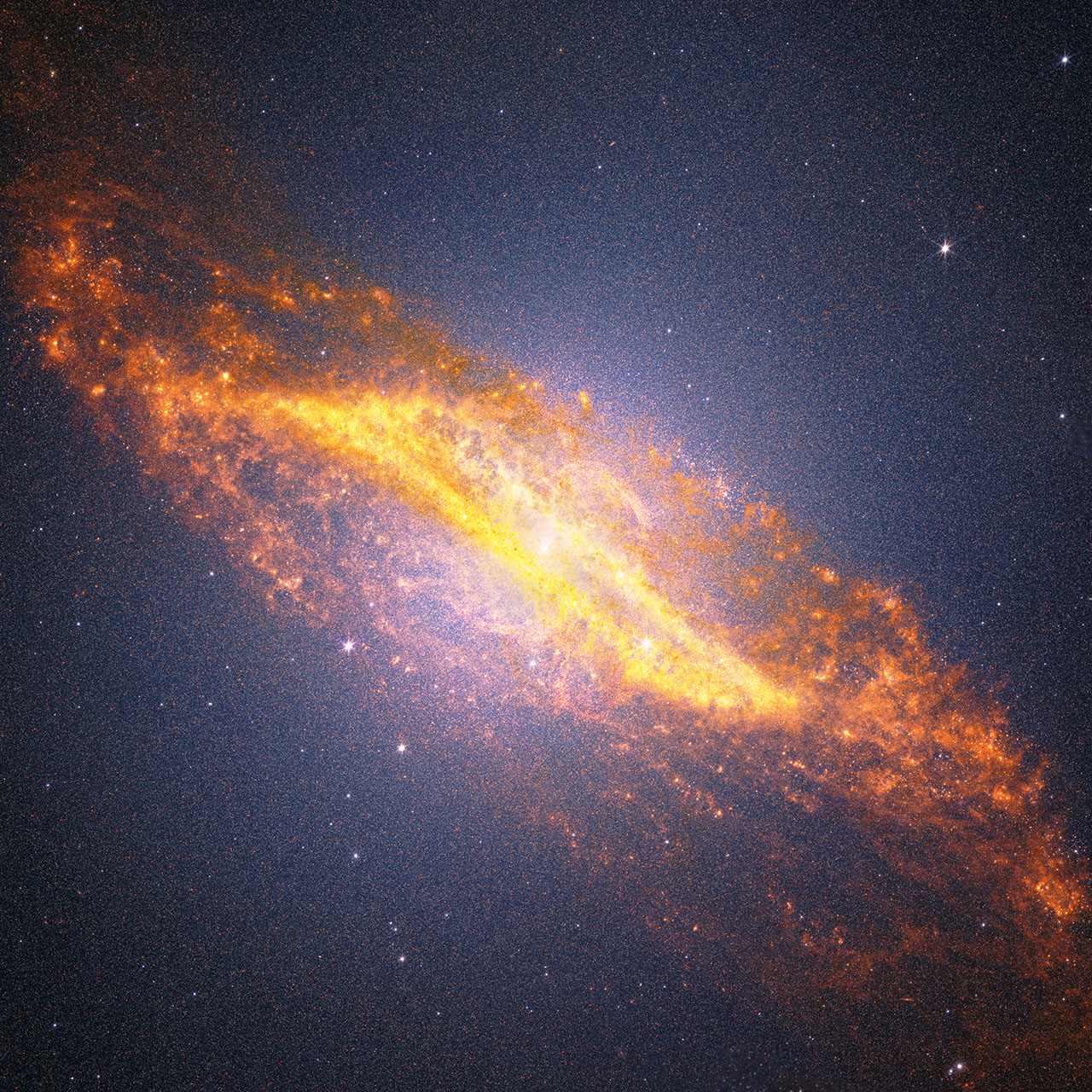 A diagonal image of the galaxy Centaurus A stretches from the upper left to the lower right against a deep black background filled with countless tiny orange, blue, and white points of light. The galaxy is brightest at its center with a white glowing core. A broad band of golden-orange dust cuts across the middle of the galaxy, forming a distinctive parallelogram shape. The dust in this feature is richly textured, with mottled patches, bright knots, and intricate filaments throughout. Just above the center, delicate peach-colored ribbons trace an S-shaped structure. Rather than appearing smooth, the galaxy has a finely speckled texture created by millions of individually resolved stars, which fill the central regions and extend into the surrounding glow. The galaxyu2019s outer edges are reddish-orange and dissolve into diffuse, cloud-like plumes with feathery textures that stretch beyond the dust lane. Against the surrounding darkness, several bright foreground stars display Webbu2019s distinctive diffraction spikes.