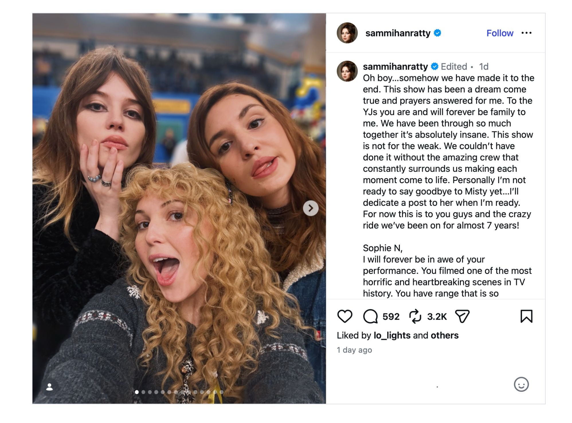 A screenshot of Sammi Hanratty's Instagram post about the end of filming for 'Yellowjackets.'