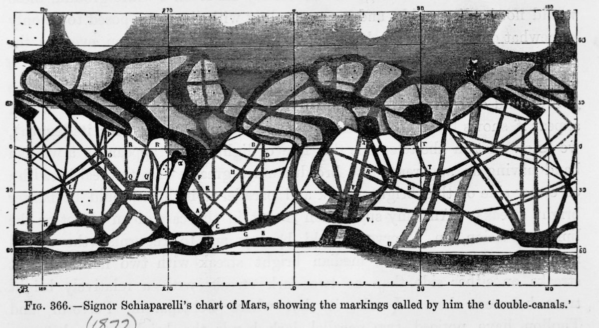 Signor Giovanni Schiaparelli's (1835-1910), chart of Mars showing the 