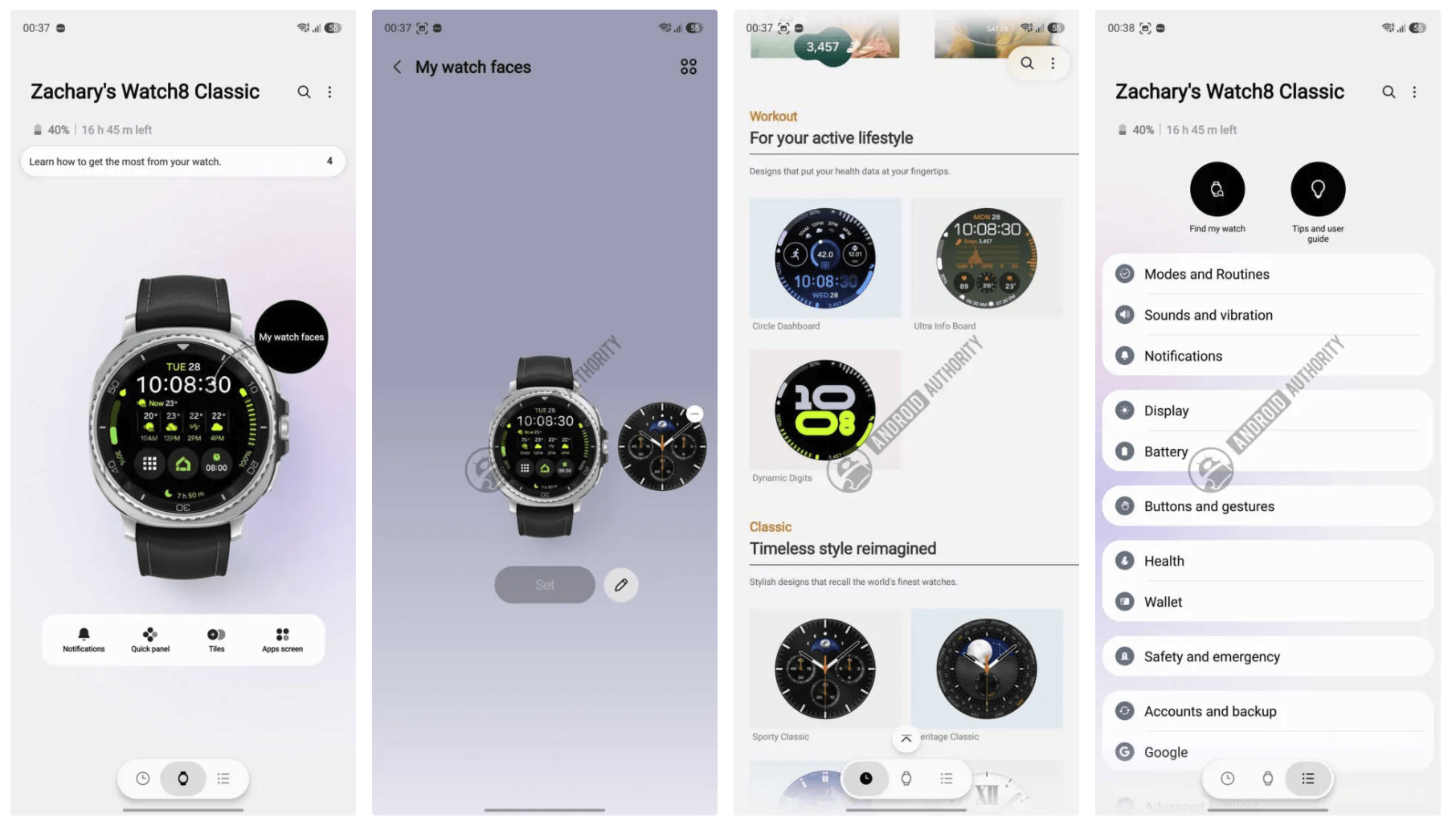 Four screenshots of new Galaxy Wearable app
