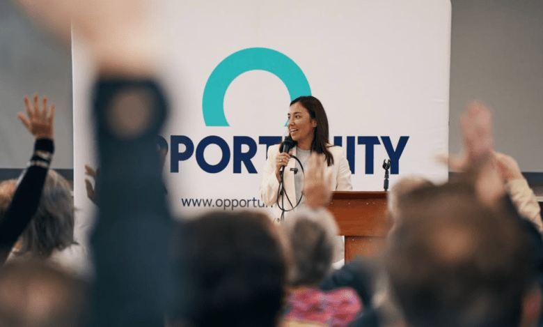 Opportunity Party leader Qiulae Wong speaking to supporters of her party 