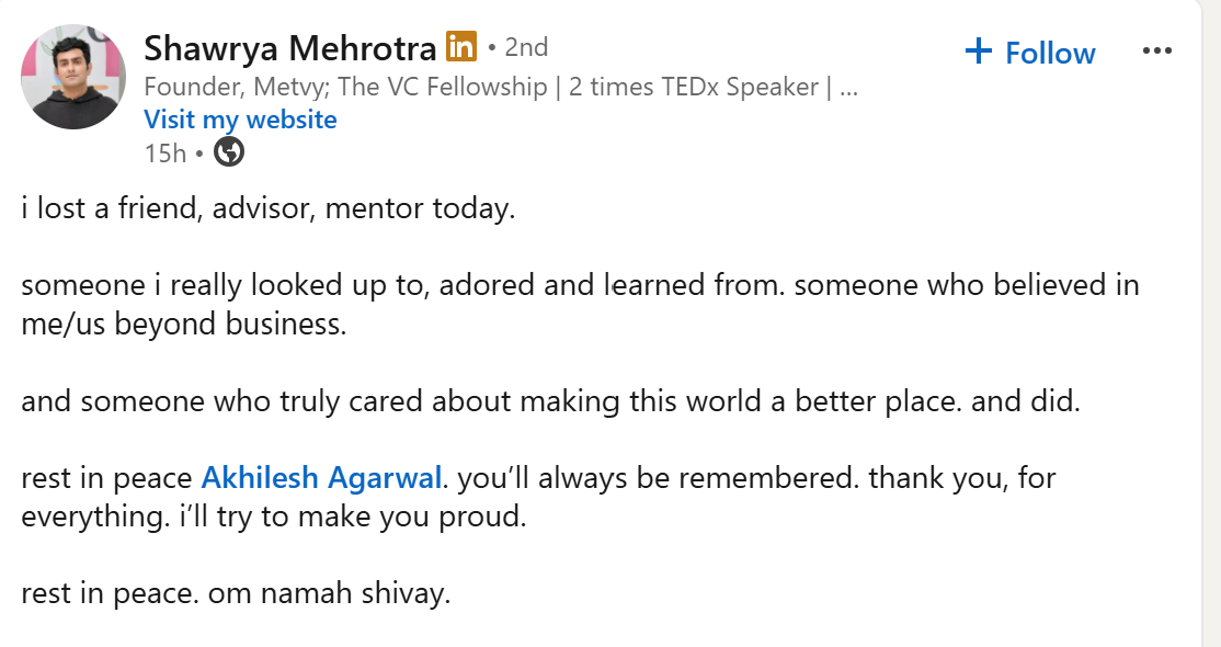 Startup Ecosystem Mourns The Passing Of Accel’s Akhilesh Agarwal
