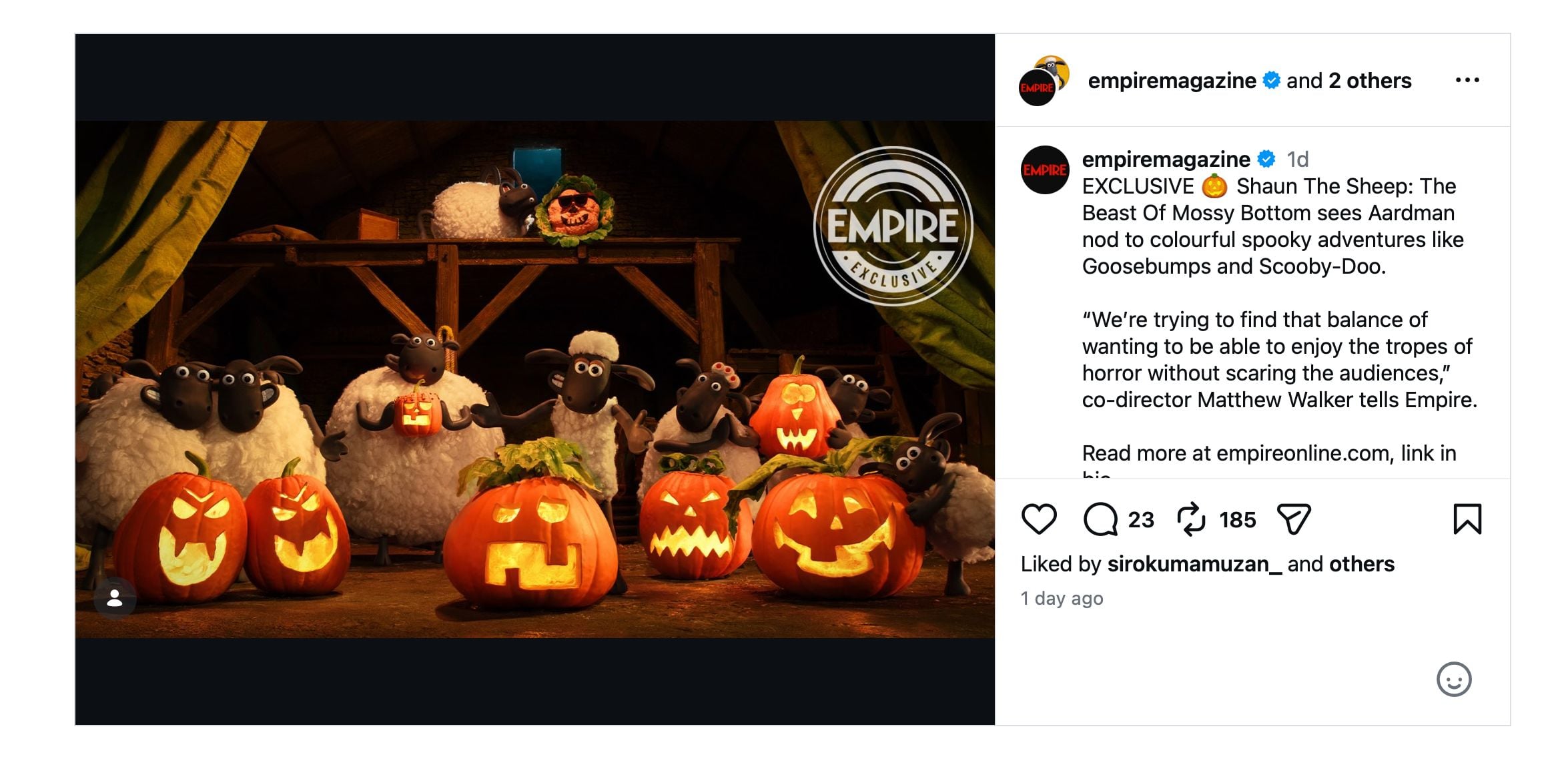 A screenshot of an Instagram post announcing 'Shaun the Sheep: The Beast of Mossy Bottom.'