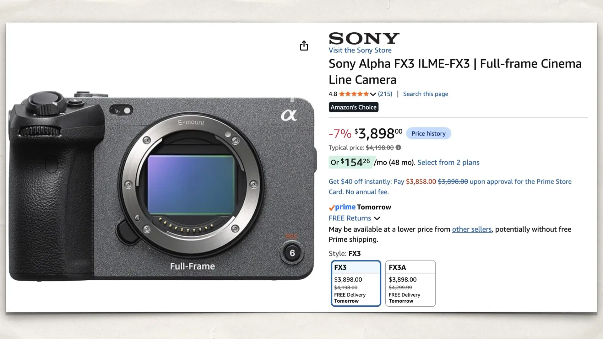 Sony FX3 on Amazon