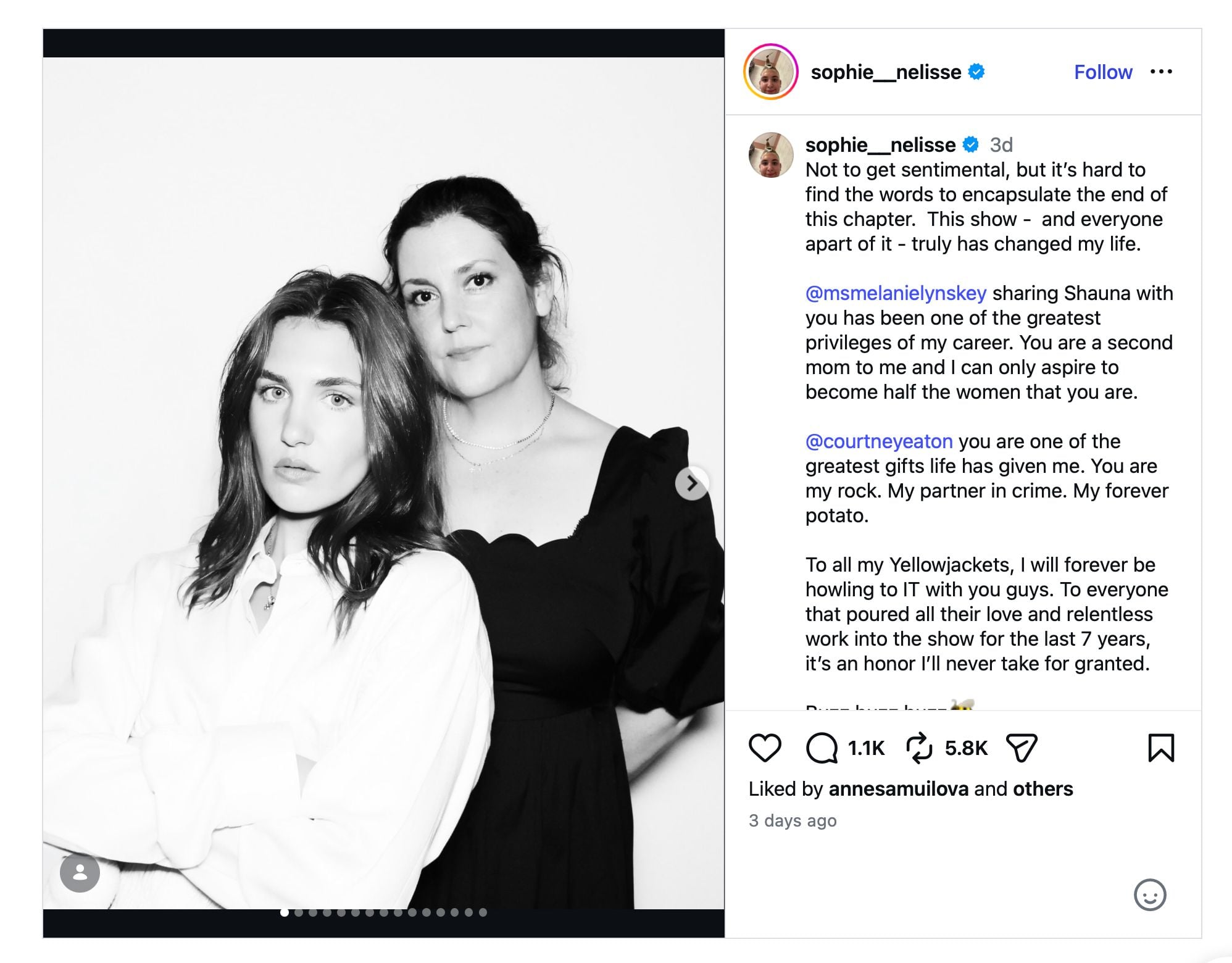 A screenshot of Sophie Nelisse's Instagram post about the end of filming for 'Yellowjackets.'