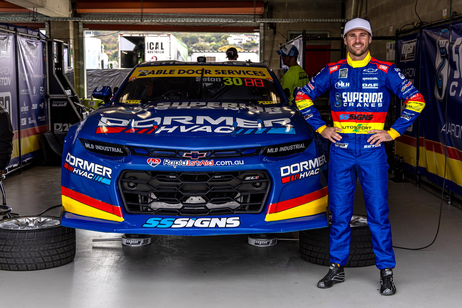 Aaron Seton with his Matt Stone Racing Chevrolet Camaro dressed in a retro scheme.