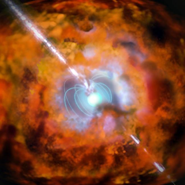 An artist's impression of a superluminous supernova and an associated gamma-ray burst being driven by a rapidly spinning neutron star. Credit: CfA