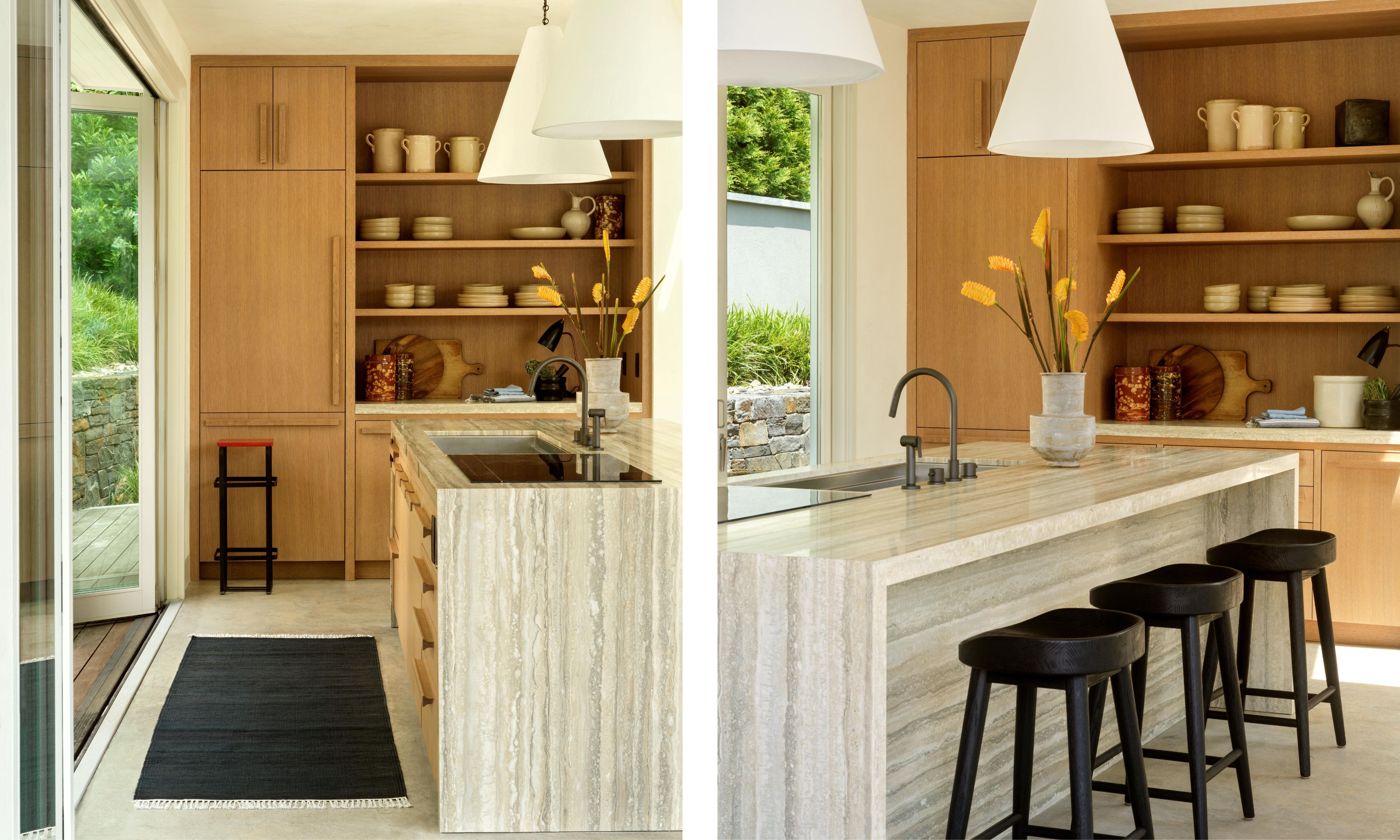 two side by side images of a small oak and stone kitchen with central island and black counter stools
