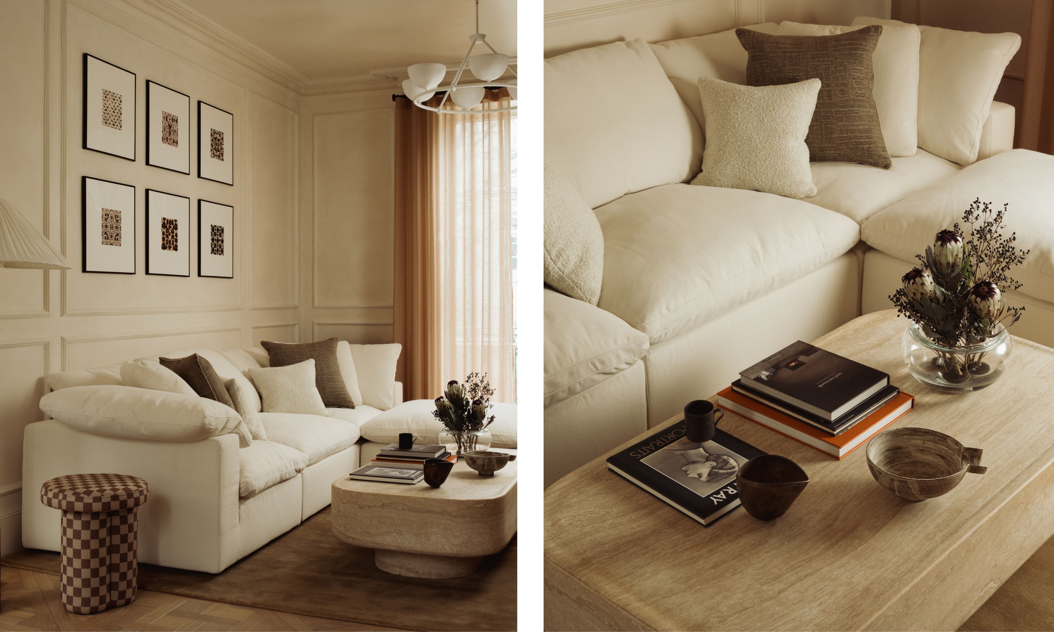 two shots next to each other of the same white sofa in a neutral living room