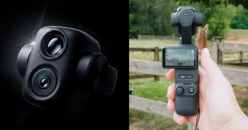 Split image: left side shows a black multi-lens 360-degree camera on a dark background; right side shows a hand holding a compact gimbal camera with a screen, outdoors near a wooden fence and trees.