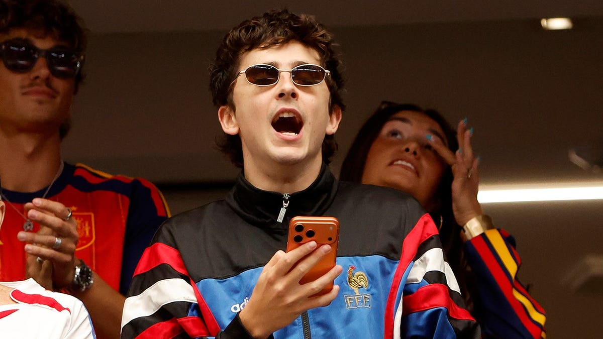 Timothee Chalamet attends a football match at Dallas Stadium in Arlington, Texas.