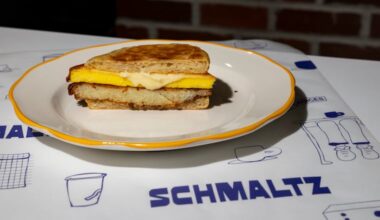 The latke, egg, and cheese sandwich at Schmaltz in Point Breeze.