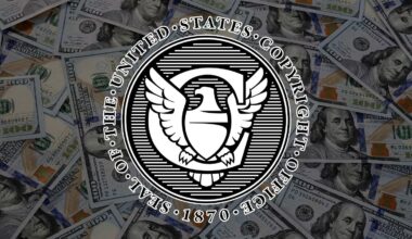 The black-and-white seal of the United States Copyright Office appears overlaid on a background of scattered 100-dollar bills. The seal features an eagle and the text “Seal of the United States Copyright Office 1870.”.