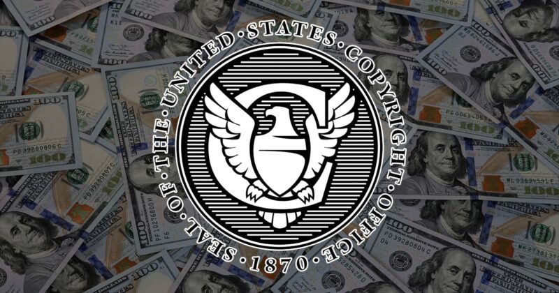 The black-and-white seal of the United States Copyright Office appears overlaid on a background of scattered 100-dollar bills. The seal features an eagle and the text “Seal of the United States Copyright Office 1870.”.