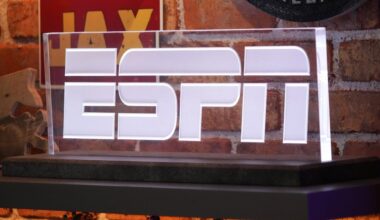 Feb 5, 2025; New Orleans, LA, USA; The ESPN logo at the Super Bowl LIX media center at the Ernest N. Morial Convention Center. Mandatory Credit: Kirby Lee-Imagn Images