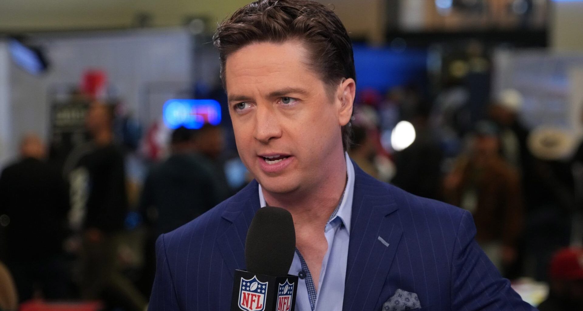 Feb 4, 2026; San Francisco, CA, USA; Tom Pelissero on the NFL Network set at the Super Bowl LX media center at the Moscone Center. Mandatory Credit: Kirby Lee-Imagn Images
