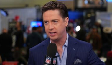 Feb 4, 2026; San Francisco, CA, USA; Tom Pelissero on the NFL Network set at the Super Bowl LX media center at the Moscone Center. Mandatory Credit: Kirby Lee-Imagn Images