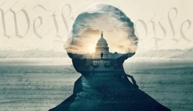 A composite silhouette of a historic figure overlaid with a view of the U.S. Capitol building at sunrise, set against a backdrop of cursive script reading "We the People."