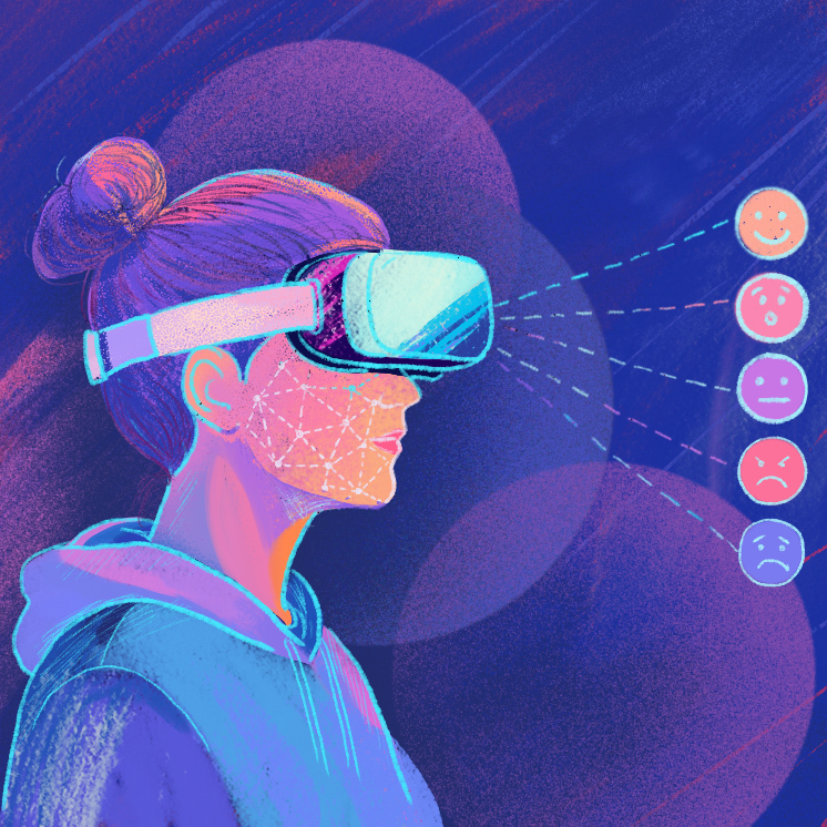 Stylized illustration of a person shown in profile wearing a VR headset, drawn in vivid purples, pinks, and cyan. A white mesh of tracking points maps the contours of their face. Five dashed lines extend from the headset to a vertical column of five circular emoji icons on the right, representing detected emotions from top to bottom: happy (smiling), surprised, neutral, angry, and sad.