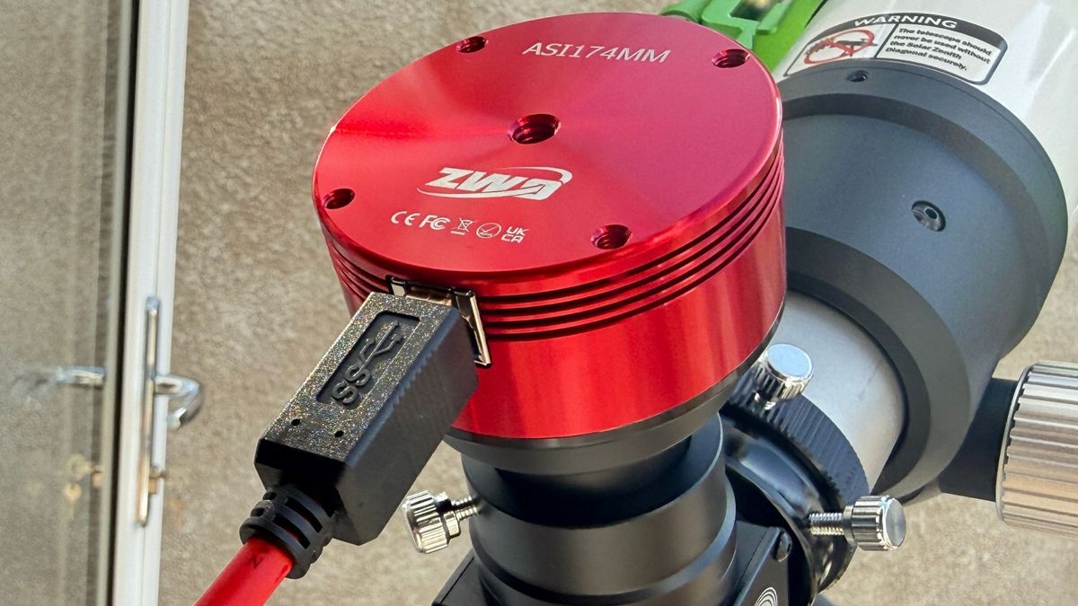 A close-up of the ZWO ASI174mm Mono camera on the Sky-Watcher Heliostar 76Ha solar telescope.