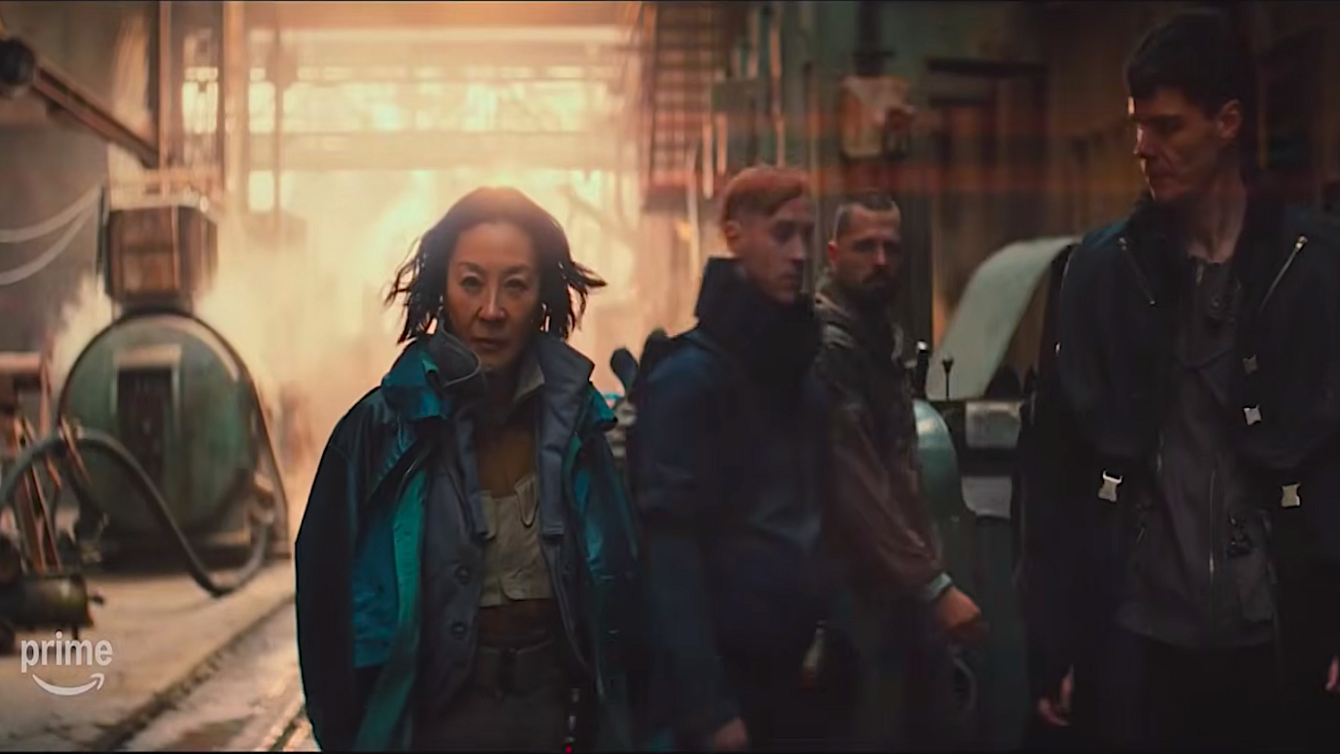 a woman and three men in a cyberpunk alley