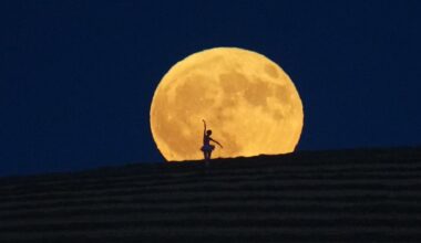 The silhouette of a ballerina is shown dancing in front of the disk of a full moon as it rises over a hillside in a dark evening sky.