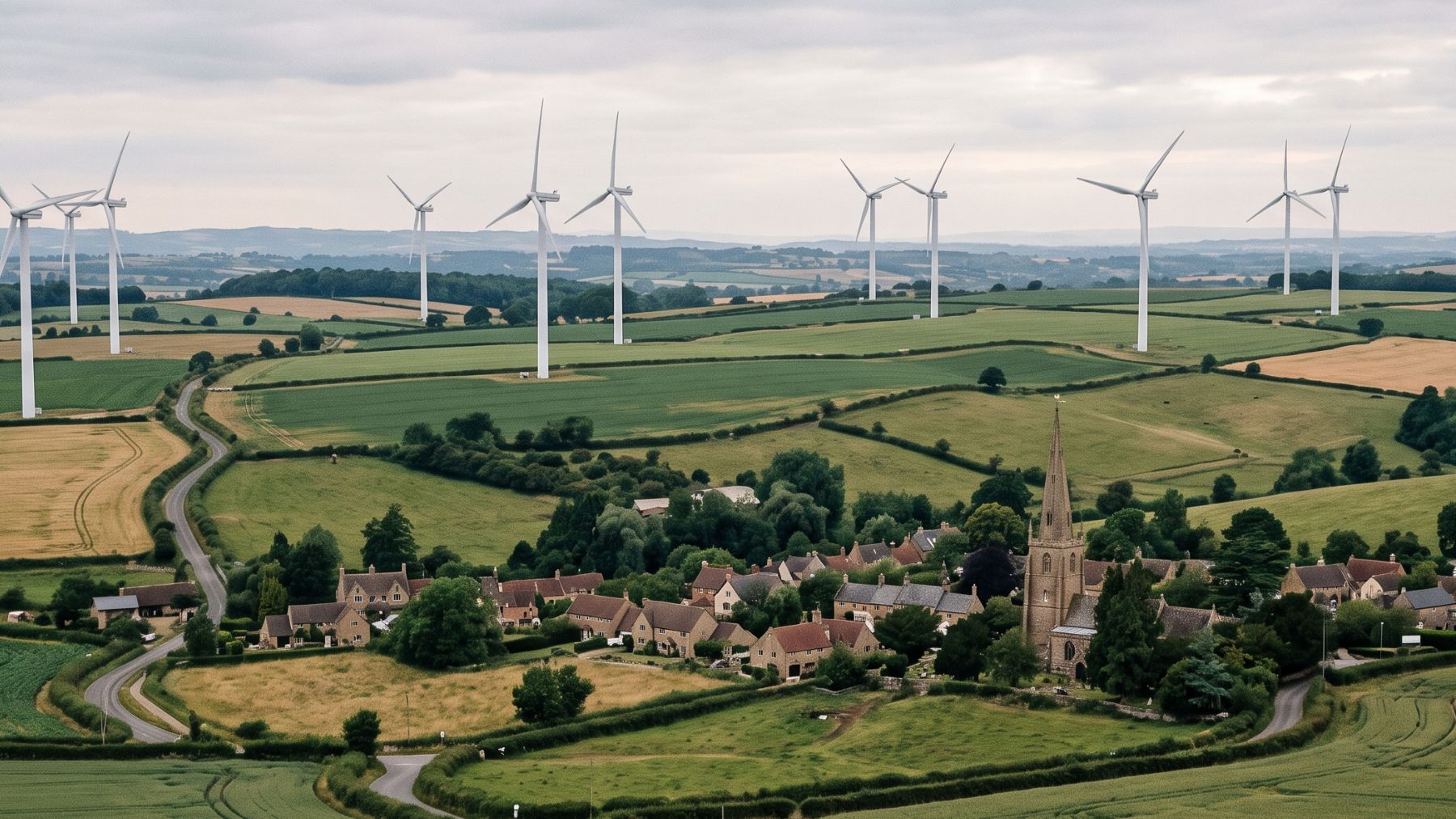 Wind turbines above a small village on farmland