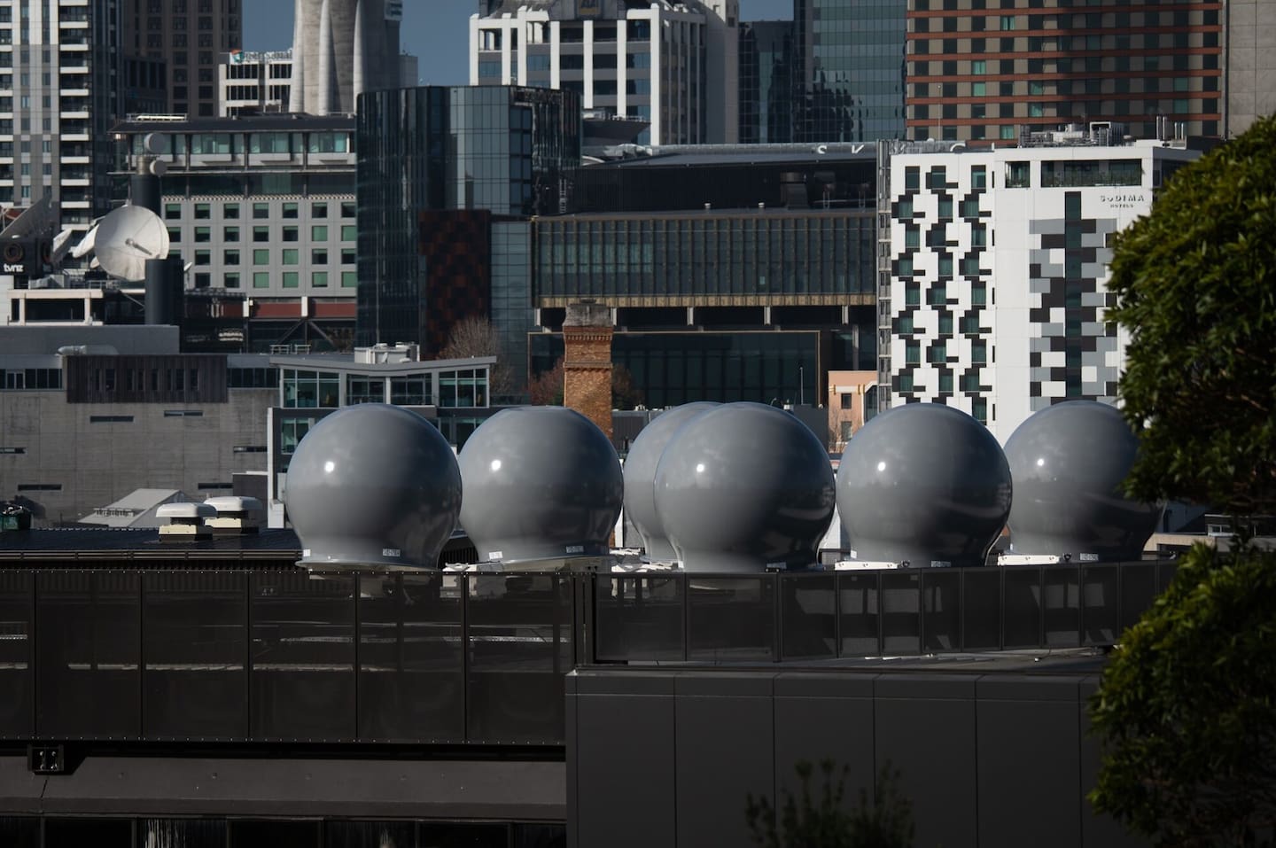 Satellite antennas at a ground station in central Auckland that 2degrees is building for SpaceX subsidiary Starlink. Photo / Cameron Pitney