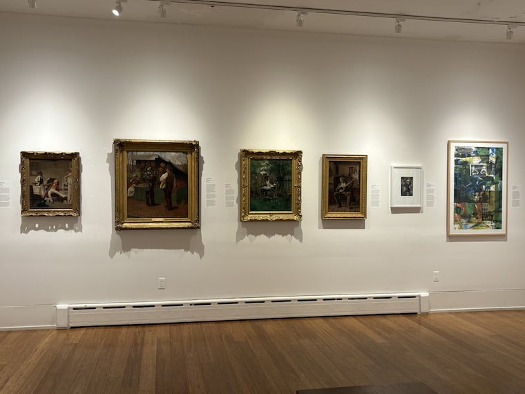 From left to right, "Untitled," 1874;  by Charles V. Brown; Francis Coates Jones; "The Fifteenth Amendment (or Civil Rights), 1875; "Left in Charge," 1882; Thomas Hovenden, "I's So Happy," 1882; Dox Thrash, "Played Out" c. 1937; "American Bicentennial," Allan L. Edmunds. These photos show the humanity of Black men during an era when art didn't portray them as such.