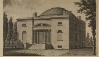 A sketch of the first Pennsylvania Academy of Fine Arts Building shortly after it was built in the spring of 1806. It was located on Chestnut Street between 10th and 11th Streets.
