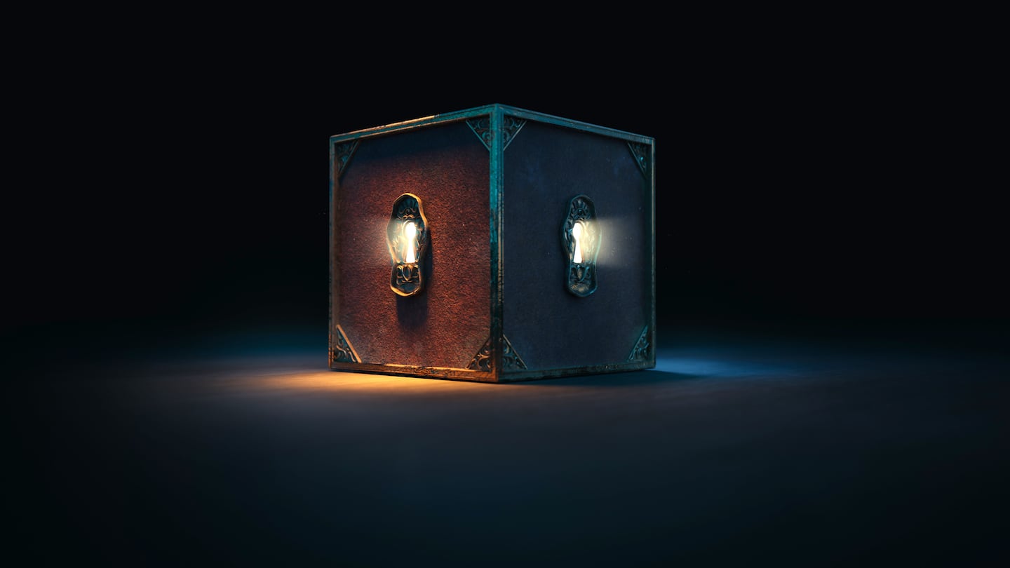 A mysterious looking box set on a dark background.