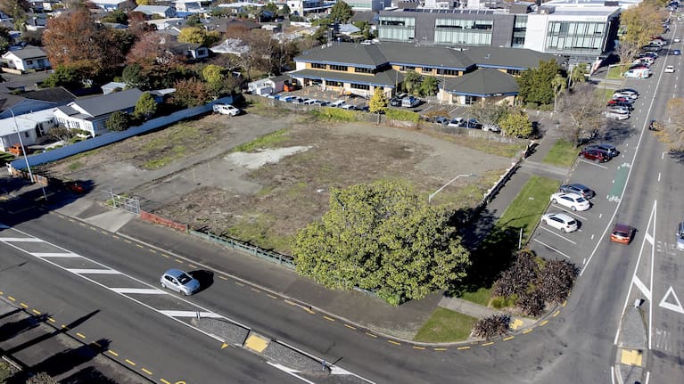 A drone shot from 2025 before the site was paved up, when the regional council planned to utilise the 2218-square-metres as a site for the new council building. (Source: Warwick Smith / Manawatū Standard)