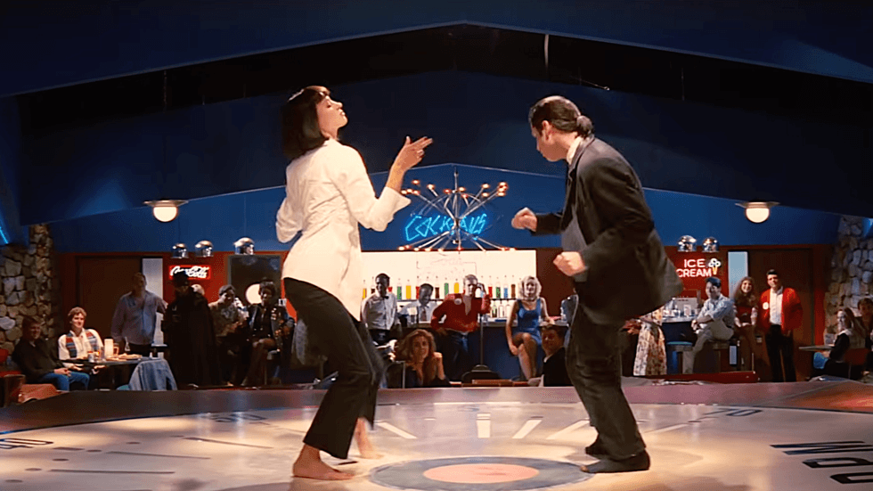 A famous scene from the 1994 film Pulp Fiction, featuring John Travolta and Uma Thurman dancing at the Jack Rabbit Slim's restaurant