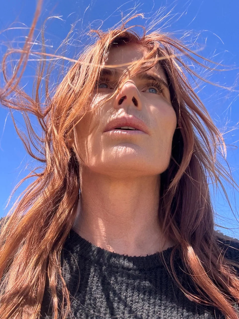 Mariel Hemingway tilts her face toward the sun outdoors, her hair blowing in the wind against a blue sky.