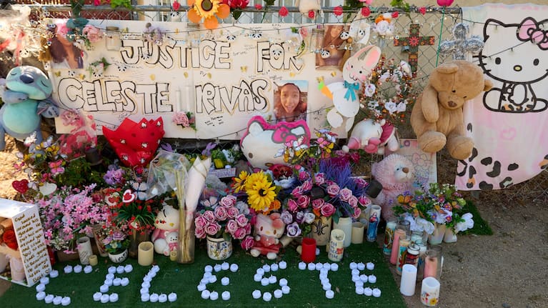 A makeshift Memorial for Celeste Rivas Hernandez, who was killed and found inside a vehicle owned by singer D4vd, is placed outside her home in Lake Elsinore, Calif., on April 21, 2026.