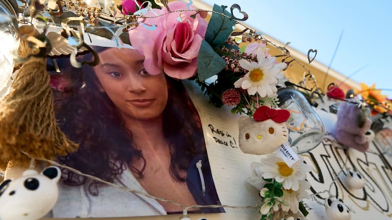 A makeshift memorial for Celeste Rivas Hernandez, whose body was found inside a vehicle owned by singer D4vd, is displayed outside her home in Lake Elsinore, California.