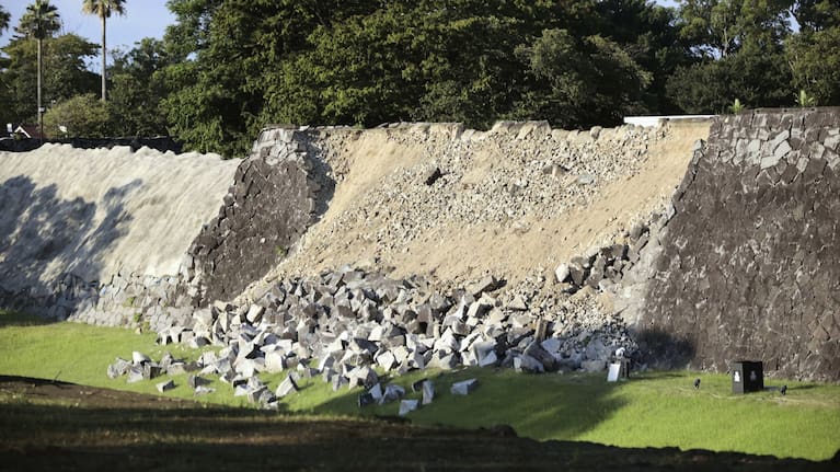 A part of the stone wall of the Kumamoto Castle is seen damaged after an earthquake in Kumamoto in the Kyushu island, southern Japan.