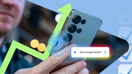 A person holds a Samsung Galaxy S25 while highlighting the side-button activation gesture, with a glowing 'Ask Google Gemini' prompt appearing beside the phone.