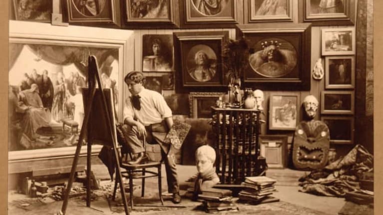 A portrait of CF Goldie in his studio, 1908.