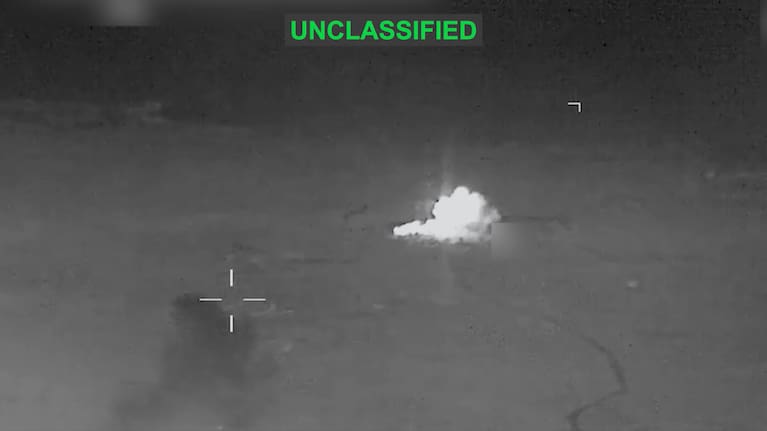 A screenshot from footage of a strike on Iran carried out by US forces shared on X.