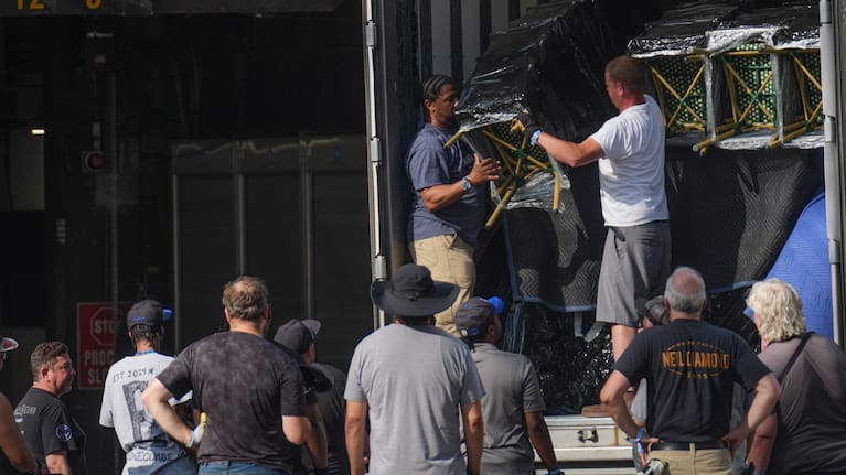 A work crew unloads chairs from a truck outside of Madison Square Garden ahead of a reported wedding between singer Taylor Swift and National Football League player Travis Kelce.