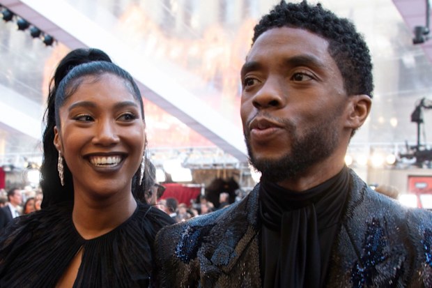 Taylor Simone Ledward gives an emotional tribute to her late husband Chadwick Boseman at the Gotham Awards. Seen here, the couple attends the 91st Oscars on February 24, 2019, in Hollywood, California.