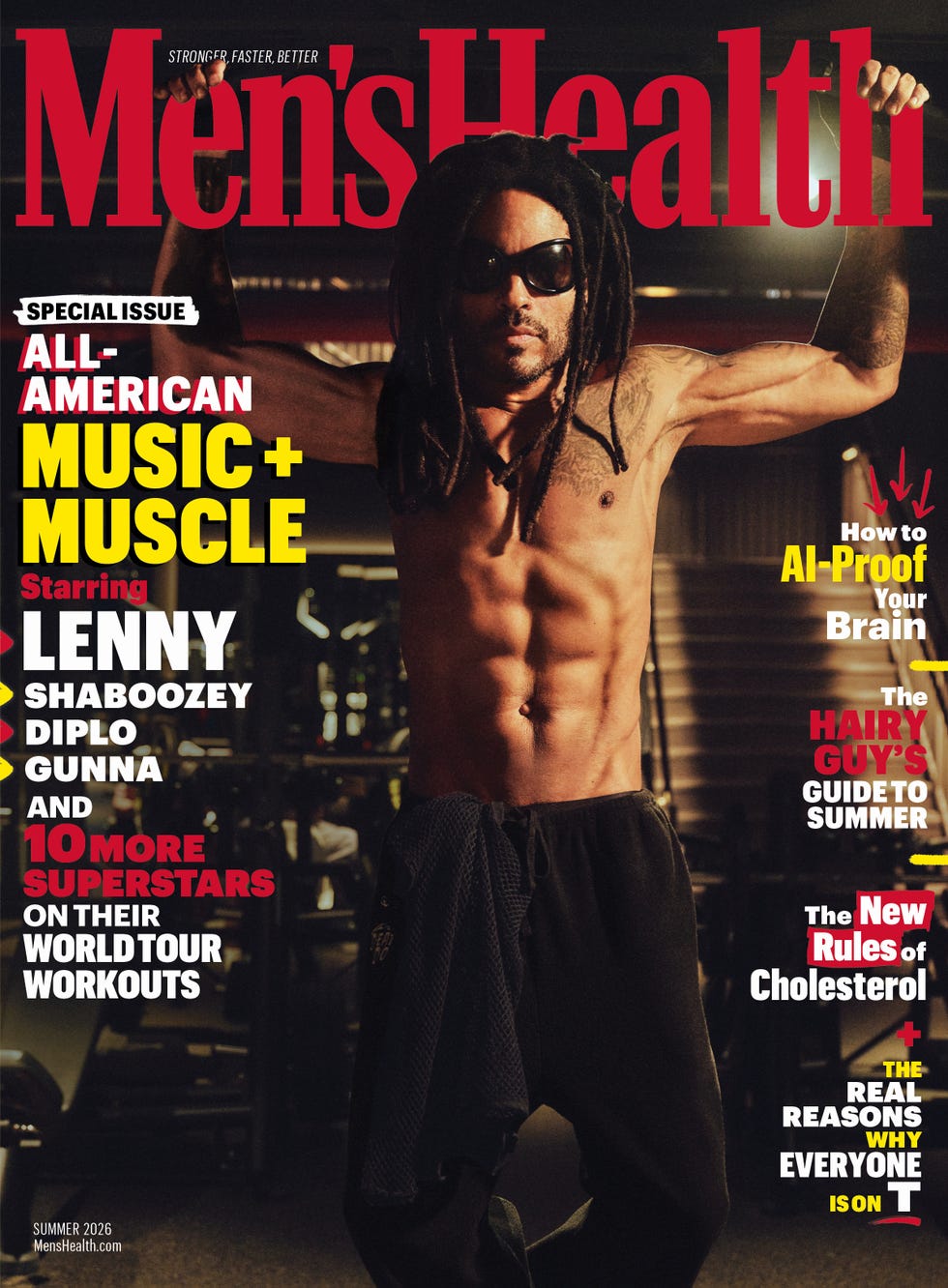 Men's Health cover featuring shirtless man in gym with text about music, muscle, and health tips. Men's Health cover featuring shirtless man in gym with text about music, muscle, and health tips.