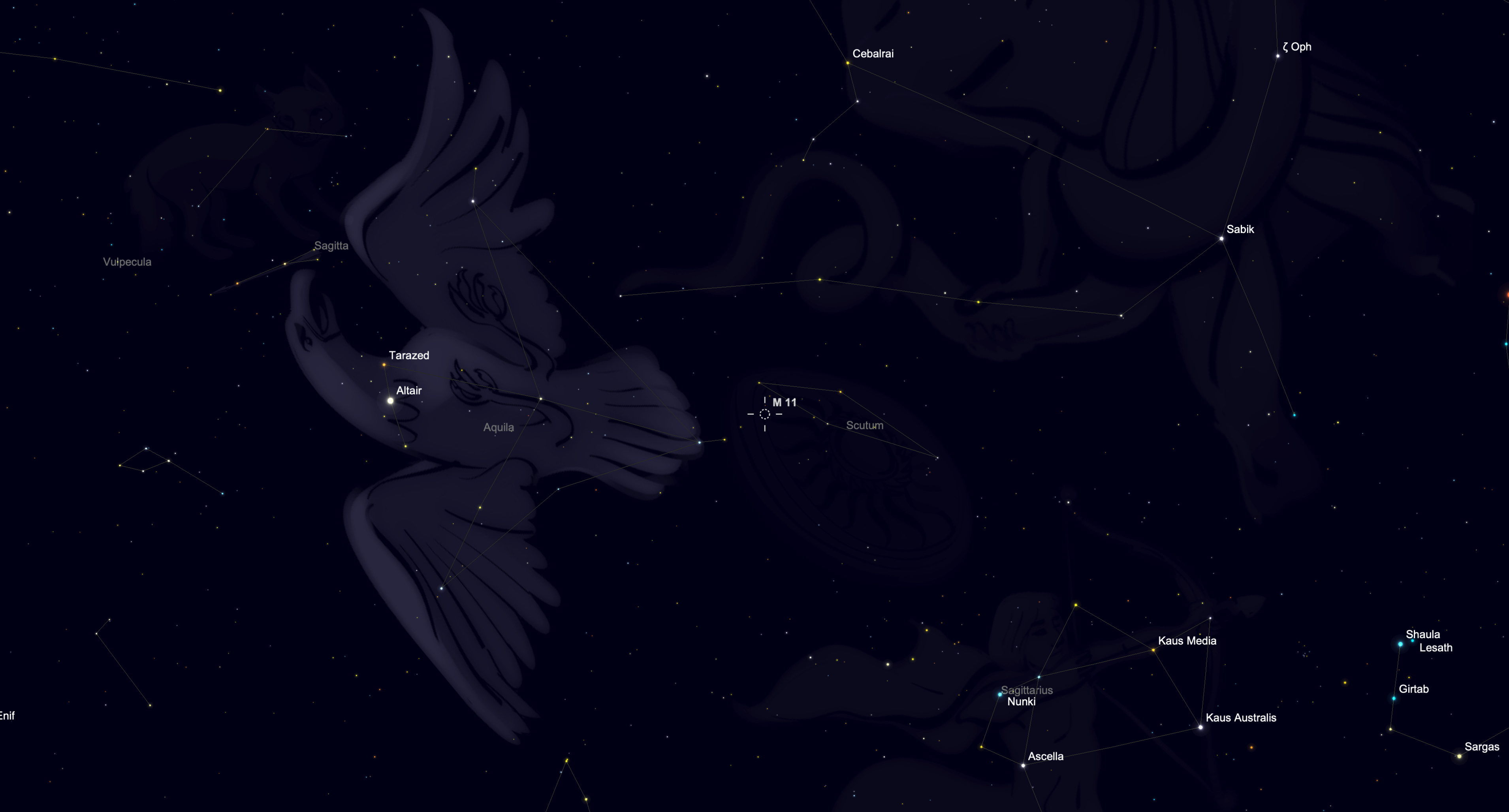 Star chart showing the Wild Duck Cluster (M11) in Scutum near the constellation Aquila.