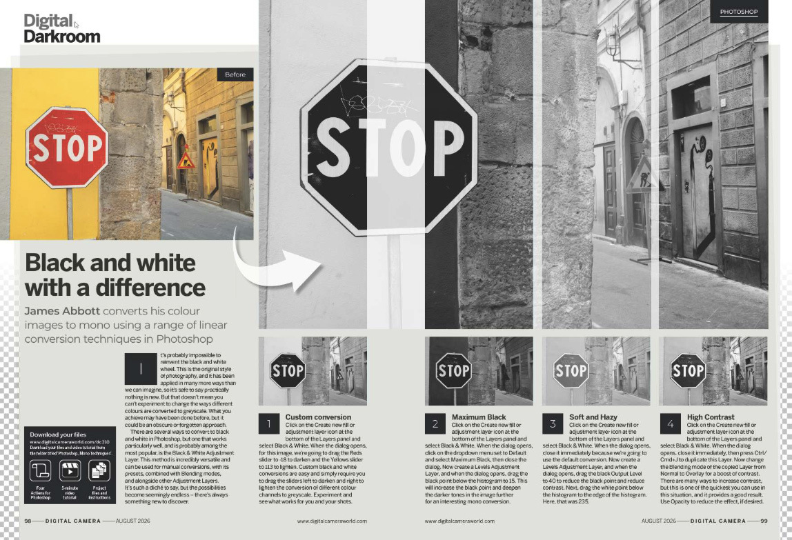 Image showing the Get the Look tutorial in issue 310 (August 2026) of Digital Camera magazine, about converting colour images to mono using linear conversion techniques in Photoshop