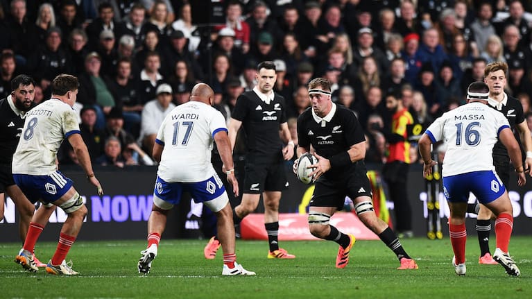 All Blacks lock Sam Darry carries the ball against France in Christchurch.