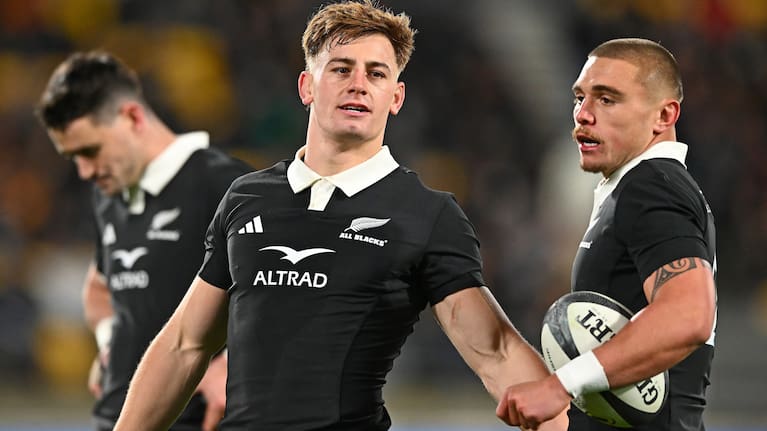 All Blacks No.10 Ruben Love, centre, with wing Will Jordan, left, and halfback Cortez Ratima.