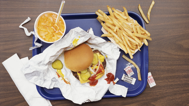 Tray of fast food burger and fries
