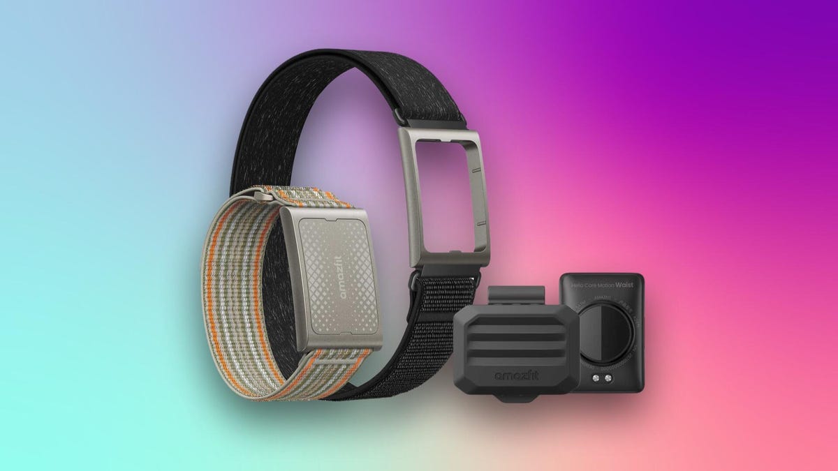 Amazfit's Helio Strap Pro system over a purple, blue, pink and green gradient background.